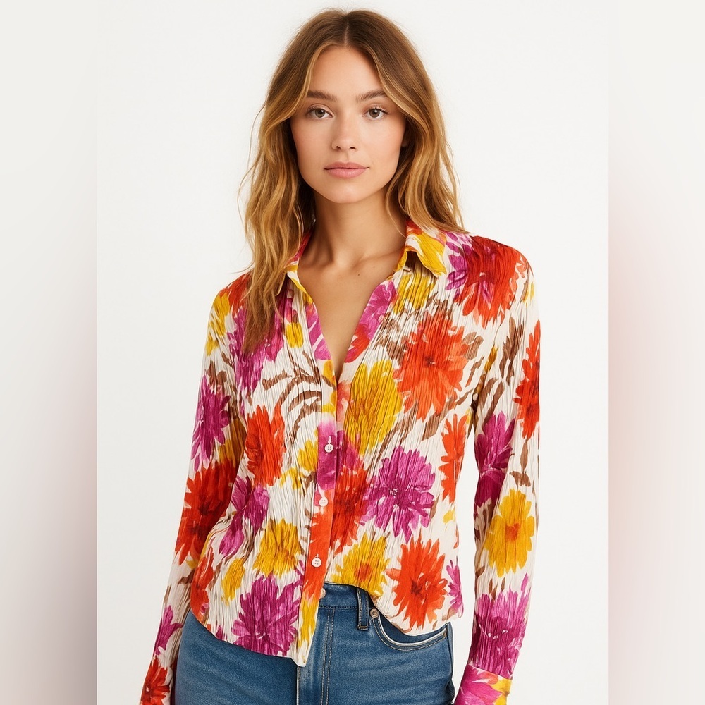 Jennifer Lloyd Pleated Floral Button Blouse Top Multicolor Size S Vibrant